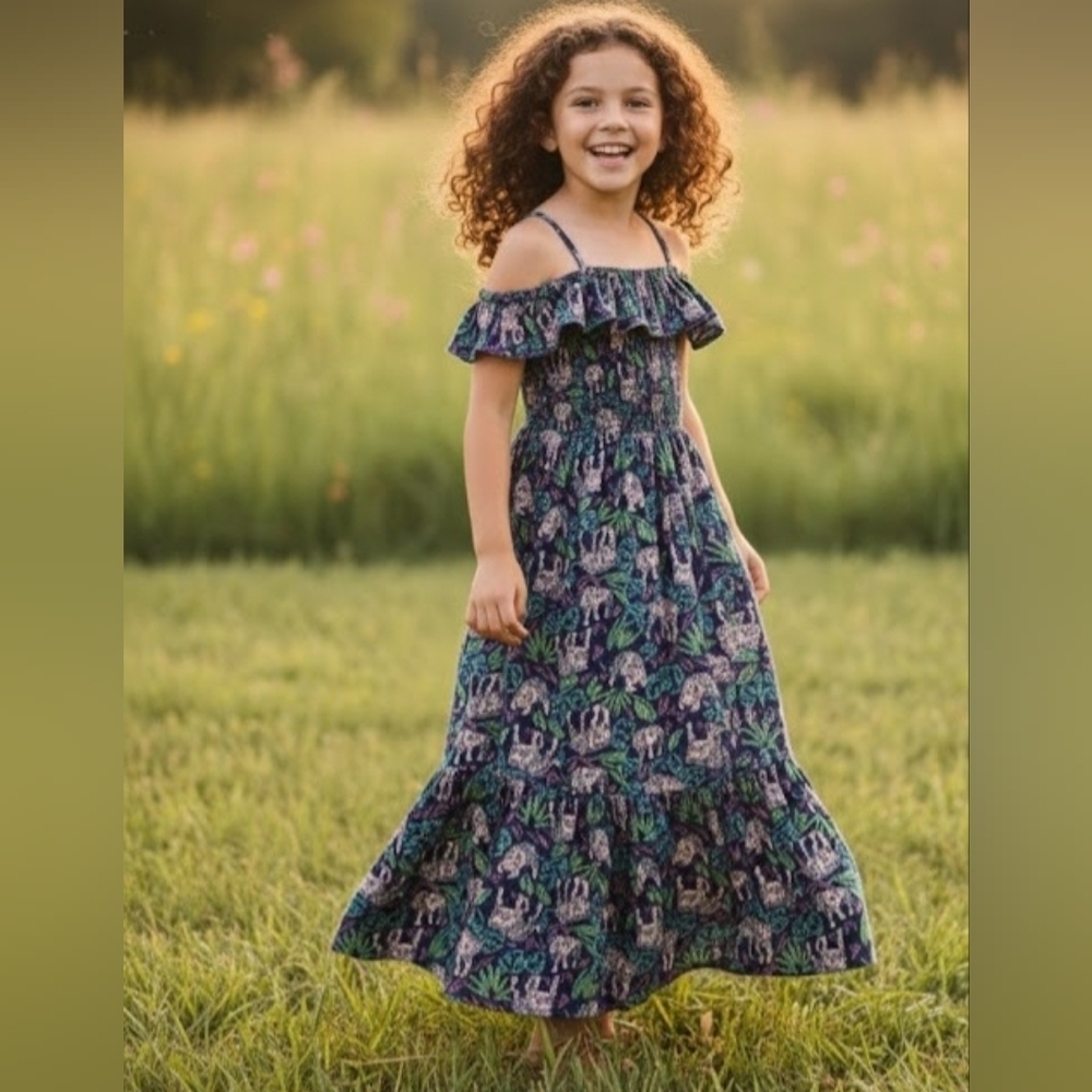 Cat & Jack Floral Off-Shoulder Dress - Green and Pink Sz L (10-12) r